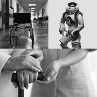 Collage mit: Rohlstuhl in einem Krankenhausflur, Roboter Nano, die Hand einer Pflegerin umfasst die Hände einer älteren Peson mit Stock