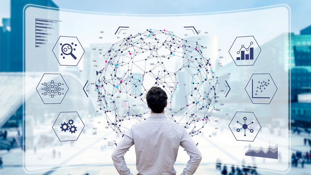 Big data analytics visualization technology with scientist analyzing information structure on screen with machine learning