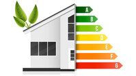 Projektbild: Haus mit Energieeffizienzlabel von A (dunkelgrün) bis G (Rot)