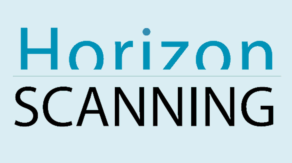 Horizon Scanning lettering in blue and black letters.