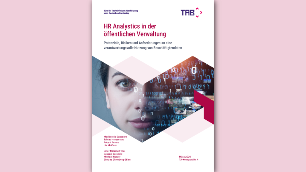 Cover page of a report: title in red, graphic pixel and number patterns superimposed over a person’s face, central shaded area.