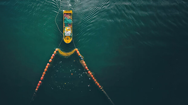 Aerial view: Ocean cleaning ships deploy nets to collect floating plastic waste. 