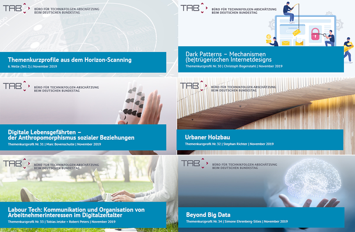 Cover Themenkurzprofile, dark patterns, beyond big data, labour tech, holzbau, digitale lebensgefähren