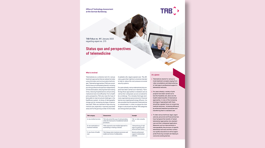 Pamphlet on telemedicine, showing a doctor consulting a patient via video call. Cover TAB-Fokus