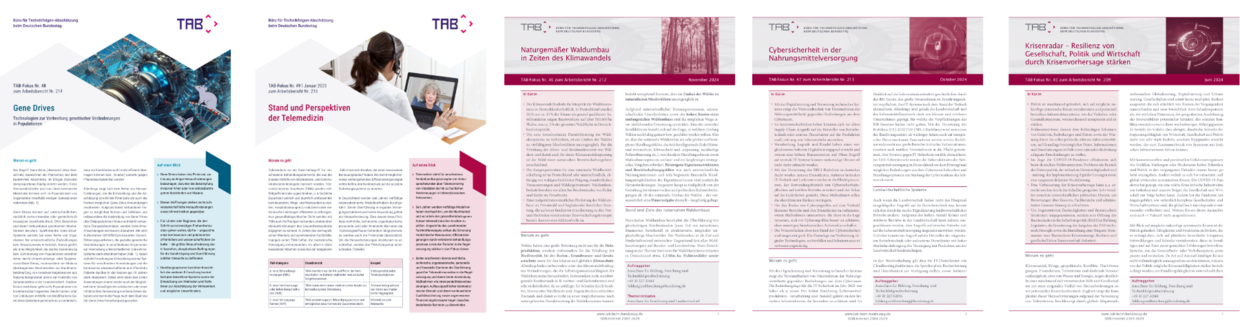Sechs wissenschaftliche Informationsblätter zu Gentechnik, Telemedizin, Waldumbau, Cybersicherheit und Krisenresilienz.