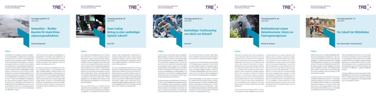 5 Titelblätter von Themenkurzprofilen des Büros für Technikfolgen-Abschätzung zu Umwelt, Digitalisierung und Gesellschaft, Juni 2025.